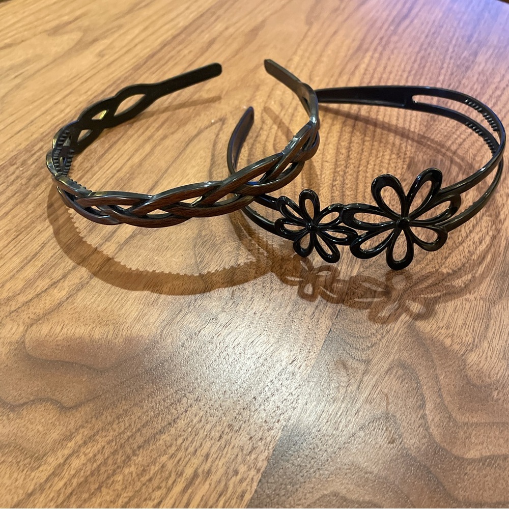 Two Plastic Headbands, Black Floral and Brown Wood-Look Braided, Girls or Women